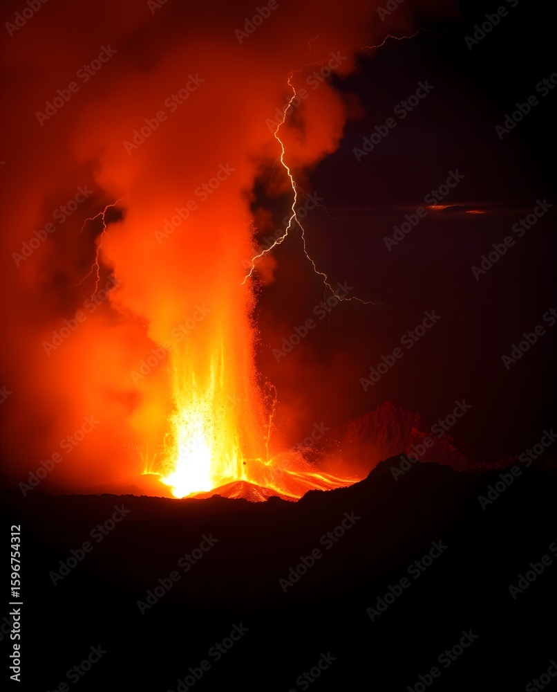 Fototapeta premium Icelandic volcano eruption dramatic island landscape with smoke, lava, and clouds at sunset