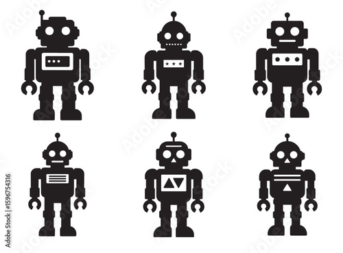 Silhouette set of futuristic robots with artificial intelligence and technology vector and illustrator