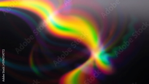 Blurred rainbow refraction overlay effect. Light lens prism effect on black background. Holographic reflection, crystal flare leak shadow overlay. Colorful rainbow disco ball light