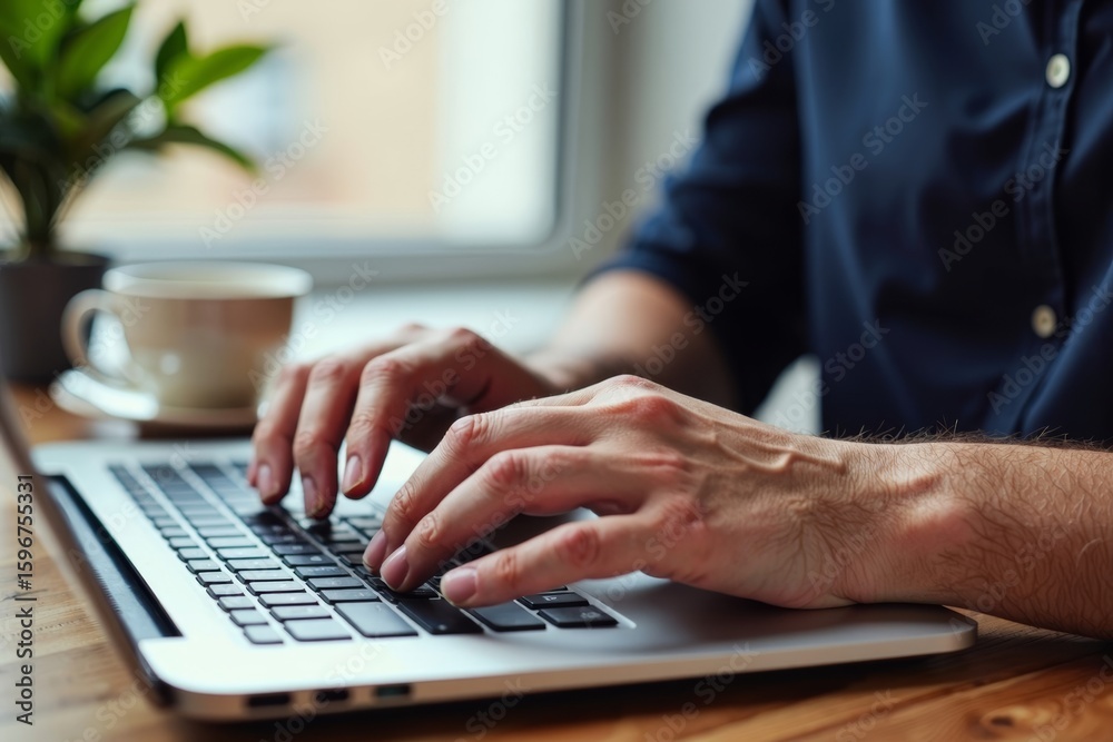 Hands Typing on Laptop with Coffee and Plant in Background Hands Typing on Laptop with Coffee and Plant in Background