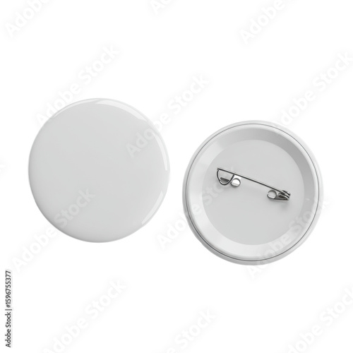 Two pristine, blank, white, perfectly round badge buttons, one front-facing, one angled to reveal a polished metal pin clasp on its reverse, isolated on a transparent background with ample copy