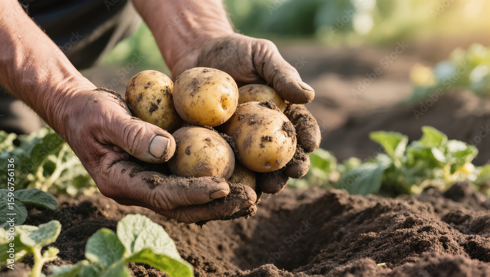 Freshly harvested potatoes in dirty hands of farmer on fertile soil background, concept of organic agriculture and rural labor Freshly harvested potatoes in dirty hands of farmer on fertile soil background, concept of organic agriculture and rural labor