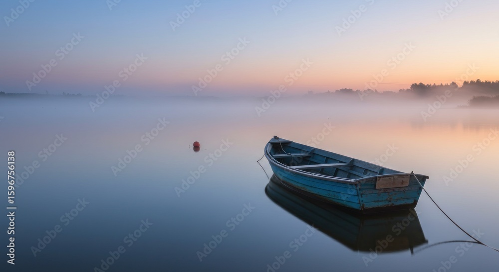 Naklejka premium Misty lake, tranquil boat