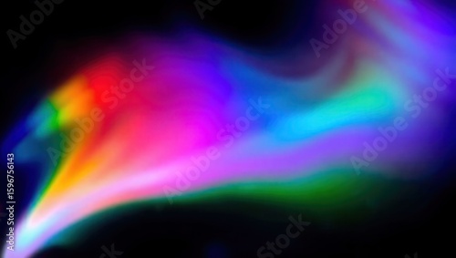 Blurred rainbow refraction overlay effect. Light lens prism effect on black background. Holographic reflection, crystal flare leak shadow overlay. Colorful rainbow disco ball light
