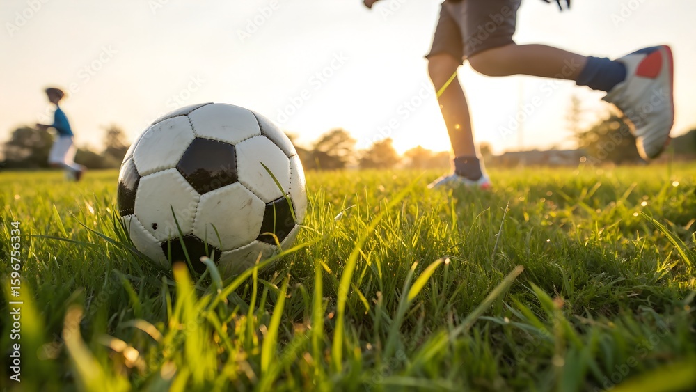 Fototapeta premium Close up of a soccer ball on grass with blurred figures of children playing soccer in the background during sunset