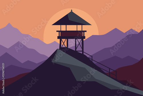 Minimalist Mountain Landscape with Pagoda Tower at Sunset: Vector Illustration of Asian Architecture and Nature Scenery