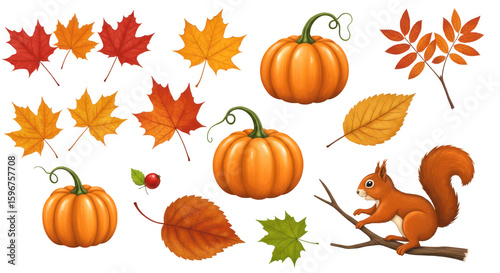 Photo of a vibrant autumn collection featuring colorful leaves, pumpkins, and a cute squirrel isolated on transparent background