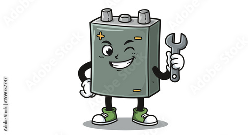 Cartoon battery mascot holding wrench and smiling cheerfully