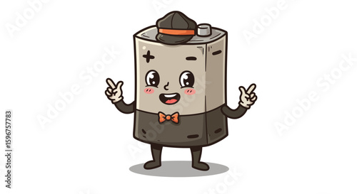 Happy battery character in cute cartoon style with hat and bow tie