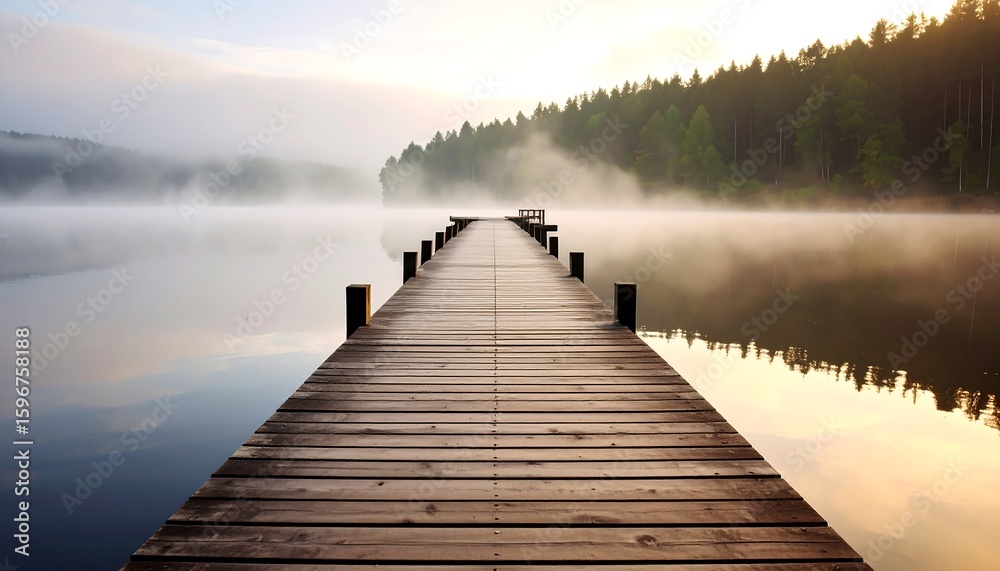 Fototapeta premium Misty lake pier at dawn