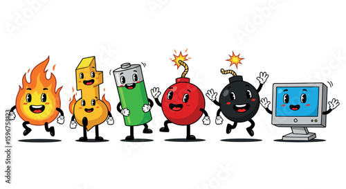 Cute cartoon characters with fire, bomb, battery, and computer designs
