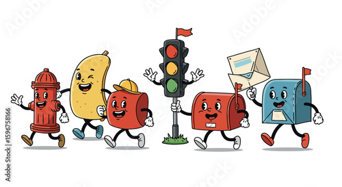 Cheerful cartoon characters featuring fire hydrant, banana, traffic light, mailbox
