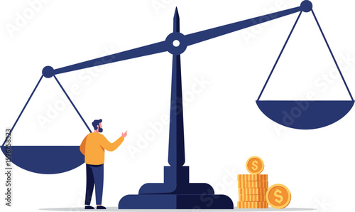 Businessman contemplating balance scale with stacked coins