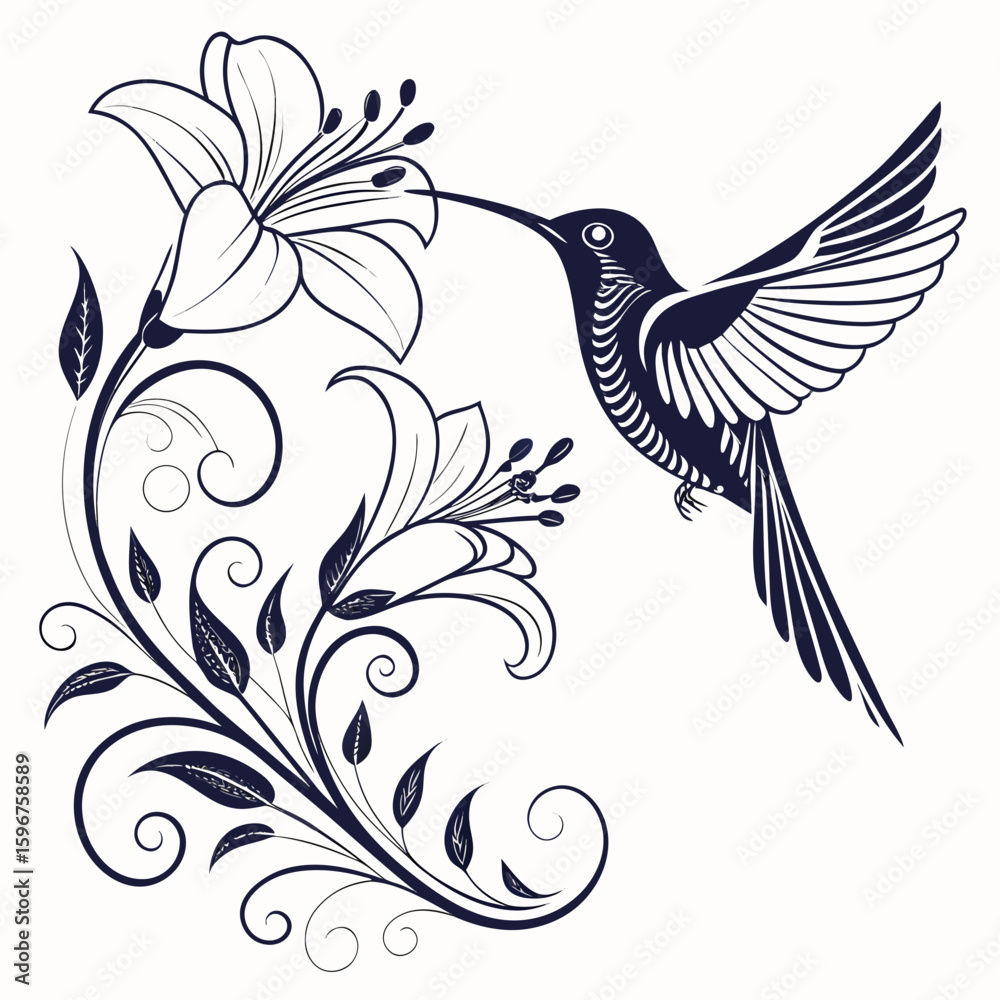 Obraz premium Vector art of hummingbird with floral design isolated on white background