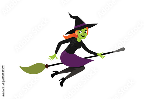 Scary Halloween witch with broomstick vector elements mystical night costume spooky illustration