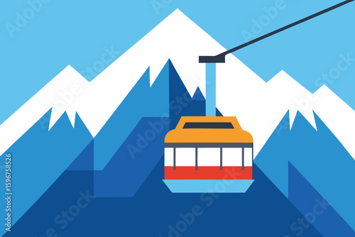 Ski Resort Gondola Lift with Snowy Mountains Illustration: Winter Vacation Travel Graphic Design for Tourism and Recreation