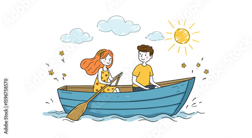 Cute couple enjoying a sunny day in a rowboat with flowers and clouds