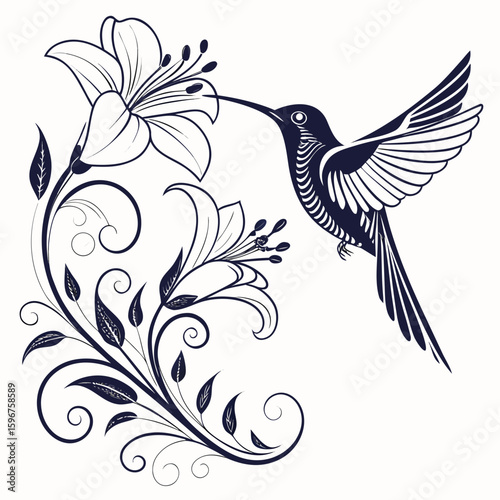 Vector art of hummingbird with floral design isolated on white background