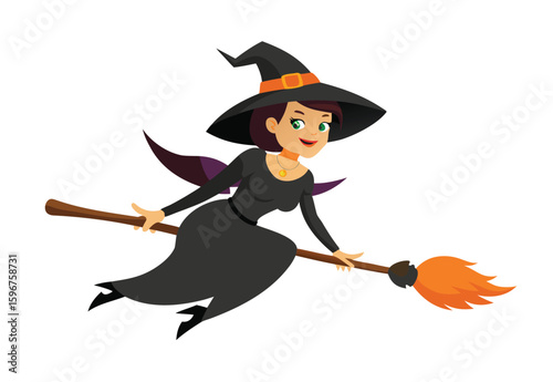 Scary Halloween witch with broomstick vector elements mystical night costume spooky illustration