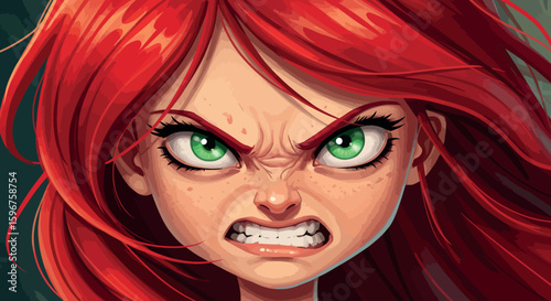 Fiery redhead with intense green eyes expressing anger in anime style