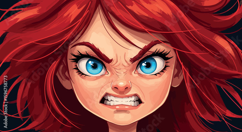 Fierce red-haired woman with intense blue eyes and dynamic expression