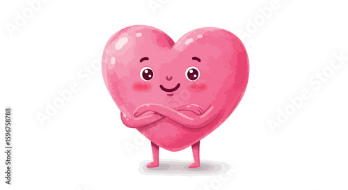Cute pink heart character with smiling face and crossed arms on white background