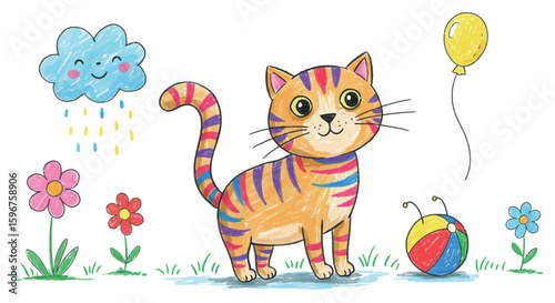 Playful striped cat with balloon in colorful cartoon style