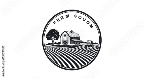 Rustic farm badge featuring barn and cow in black and white silhouette design