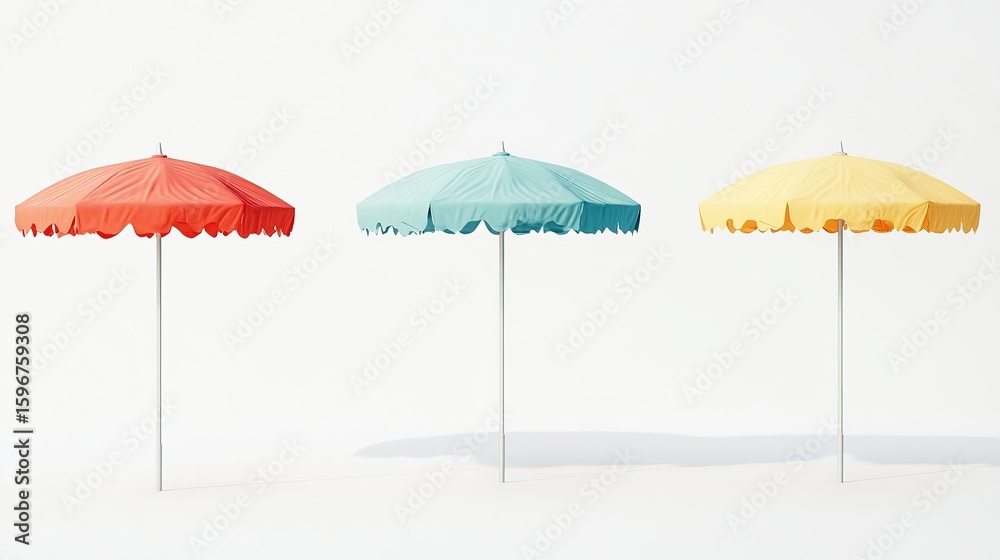 Fototapeta premium beach umbrella on 4 different perspectives, beautiful soft colors on a white background 
