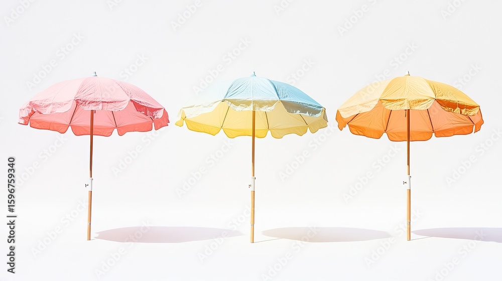 Obraz premium beach umbrella on 4 different perspectives, beautiful soft colors on a white background 