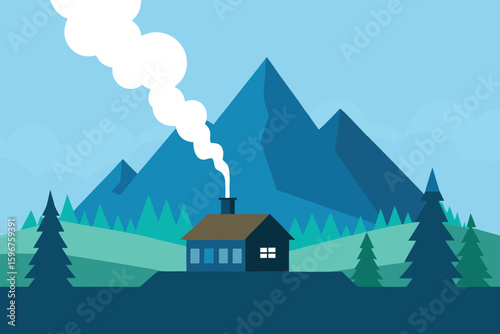 Cabin in the Mountains Vector Illustration: Cozy Home with Smoke, Evergreen Trees, and Mountain Peaks Landscape Art