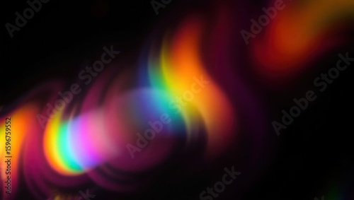 Blurred rainbow refraction overlay effect. Light lens prism effect on black background. Holographic reflection, crystal flare leak shadow overlay. Colorful rainbow disco ball light