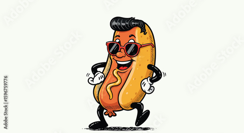 Cool cartoon hot dog with sunglasses and retro style