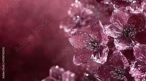 crystal flowers coming from bellow, deep burgundy plain background, space for copy at the top, digital photography