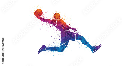 Silhouette of a dynamic basketball dunk in colorful splatter art style