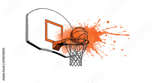 Dynamic basketball splash with hoop and backboard in vibrant urban art style
