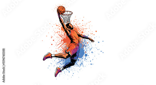 Energetic basketball dunk with dynamic splash art effect