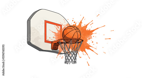 Dynamic basketball splash with hoop and ball on white background