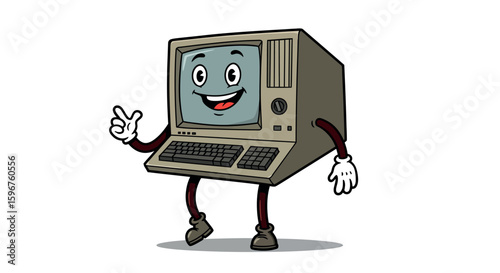 Retro computer character cartoon with happy expression and vintage style