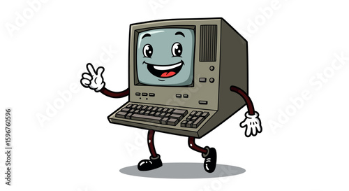Retro cartoon computer with arms and legs: vintage tech character design