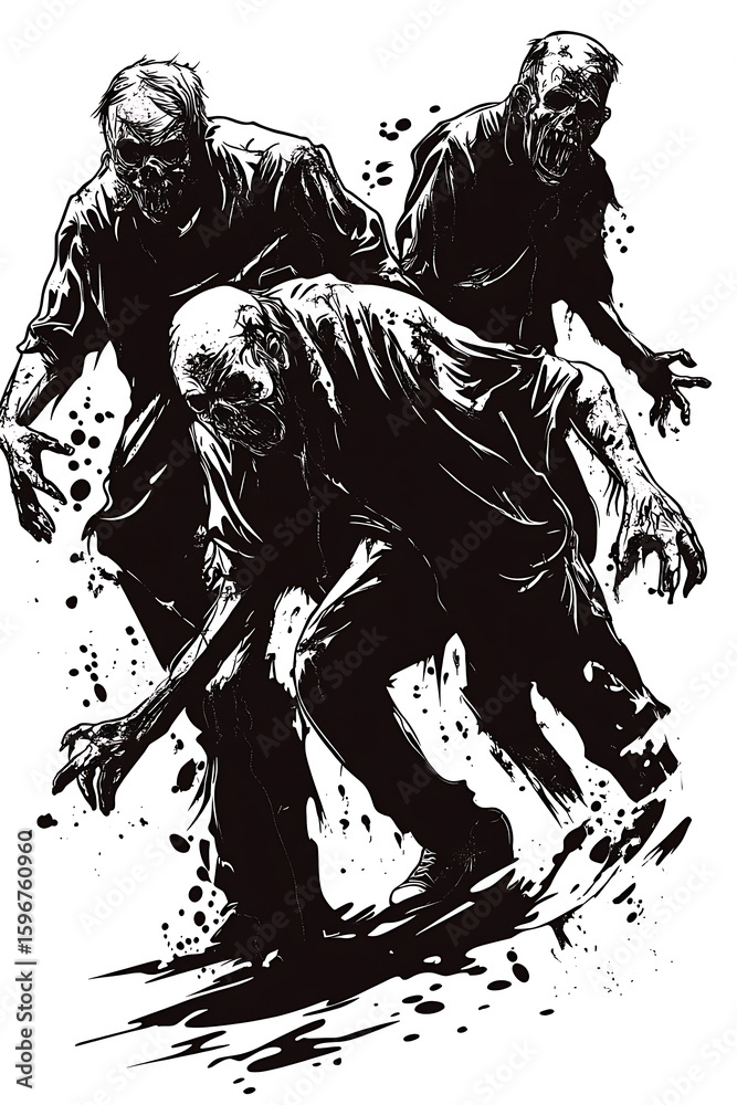 Fototapeta premium Three stylized zombies emerging from the shadows, creating an eerie atmosphere in a desolate setting