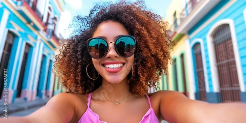 young woman with sunglasses in the city - influencer creating content