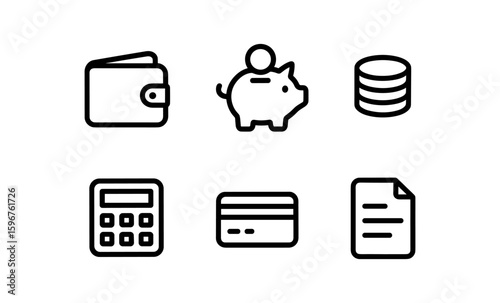 Minimalist financial icons set: wallet, piggy bank, credit card, calculator, document
