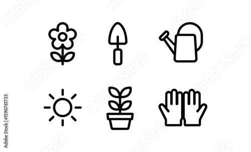 Simple gardening icons set: floral, tools, and nature symbols in minimalist style