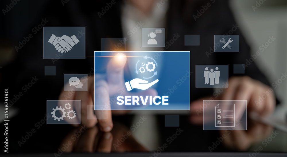 Fototapeta premium Customer service and support workflow with cooperation, communication, maintenance, and checklist icons for efficient service operation and user satisfaction Latch