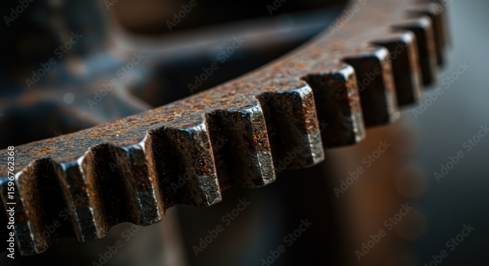 Close-up macro shot of a rusty metal gear with detailed teeth and a blurred background highlighting industrial texture. Close-up macro shot of a rusty metal gear with detailed teeth and a blurred background highlighting industrial texture.
