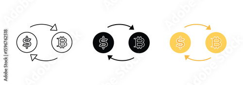 Dollar to Bitcoin exchange icon collection, btc and usd, currency exchange vector icon set, vector graphics. Currency Exchange Dollar and Bitcoin Icons with Arrows.