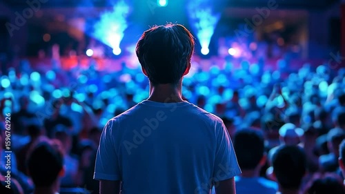 Young Man Standing Alone Watching a Large Crowd at Night with Colorful Stage Lights