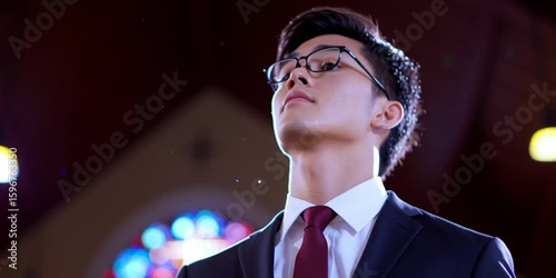 Religious korean man in Christian church experiencing the holy spirit