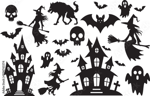 Collection of halloween silhouettes icon and character., witch, creepy and spooky elements for halloween decorations, silhouettes, sketch, icon, sticker. Vector illustration